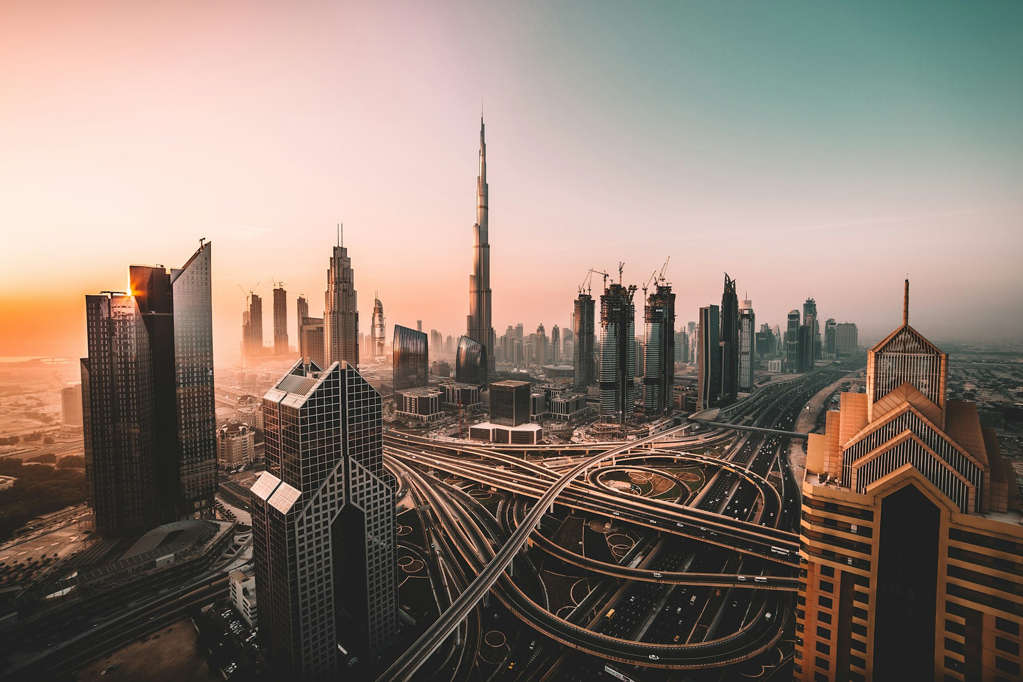 Dubai skyline with Burj Khalifa at golden hour